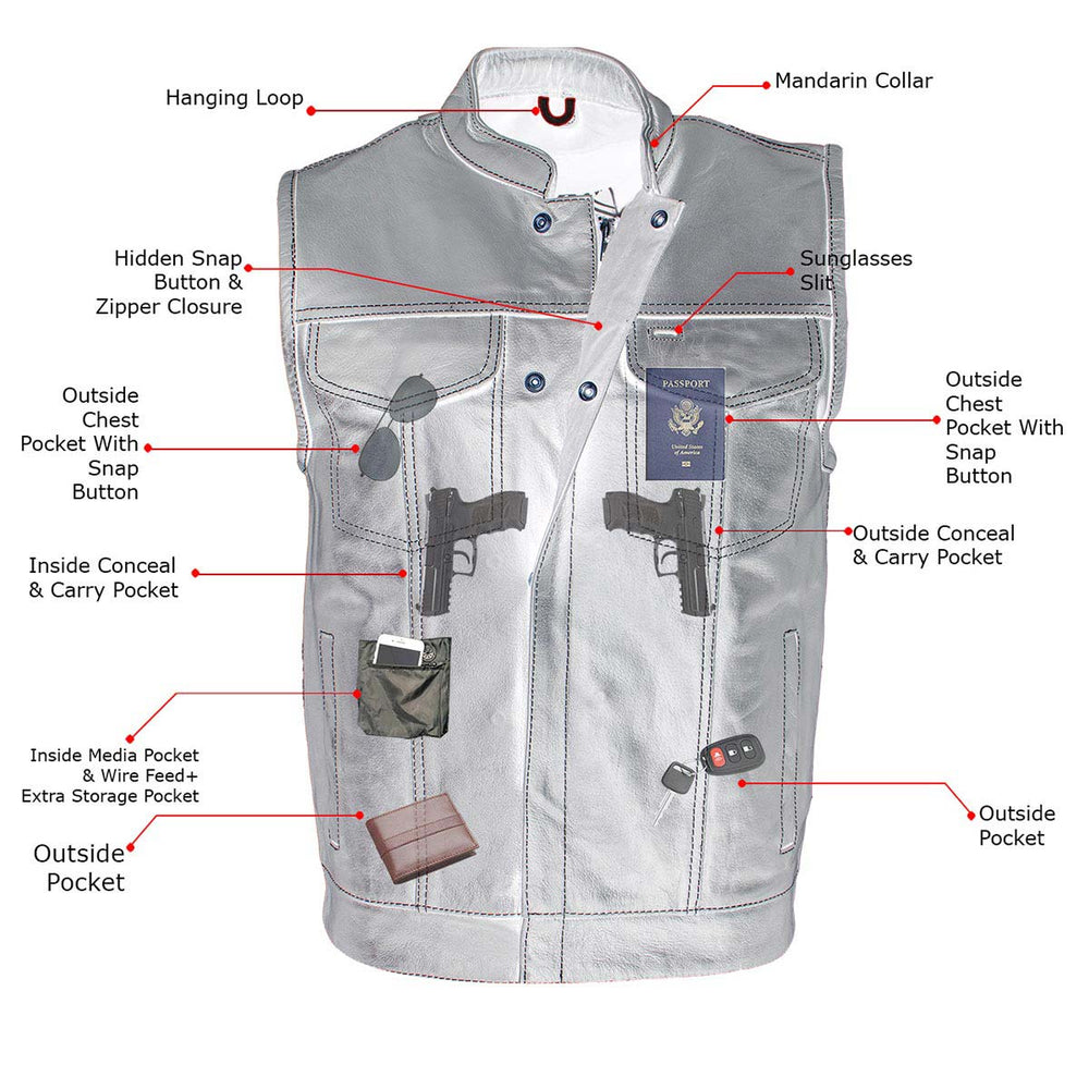 Milwaukee Leather LKM3781 Men's Black Premium Leather Motorcycle Biker Rider Vest w/ White Stitching and Paisley Liner