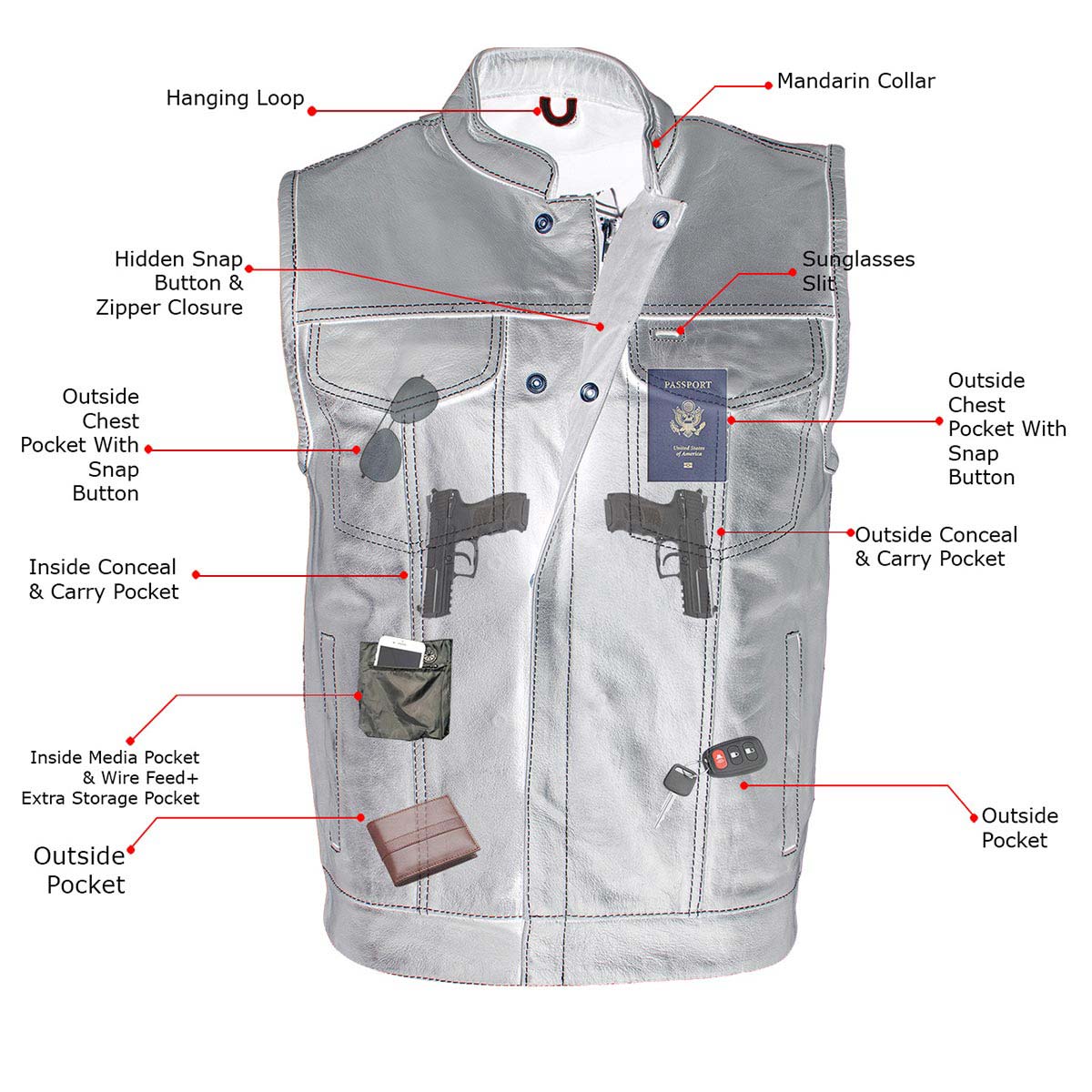 Milwaukee Leather LKM3781 Men's Black Premium Leather Motorcycle Biker Rider Vest w/ White Stitching and Paisley Liner