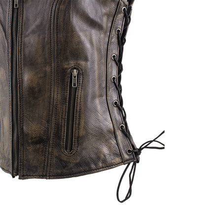 Xelement XS3900 Women's 'Bella' Distressed Brown Leather Motorcycle Biker Rider Vest with Side Laces