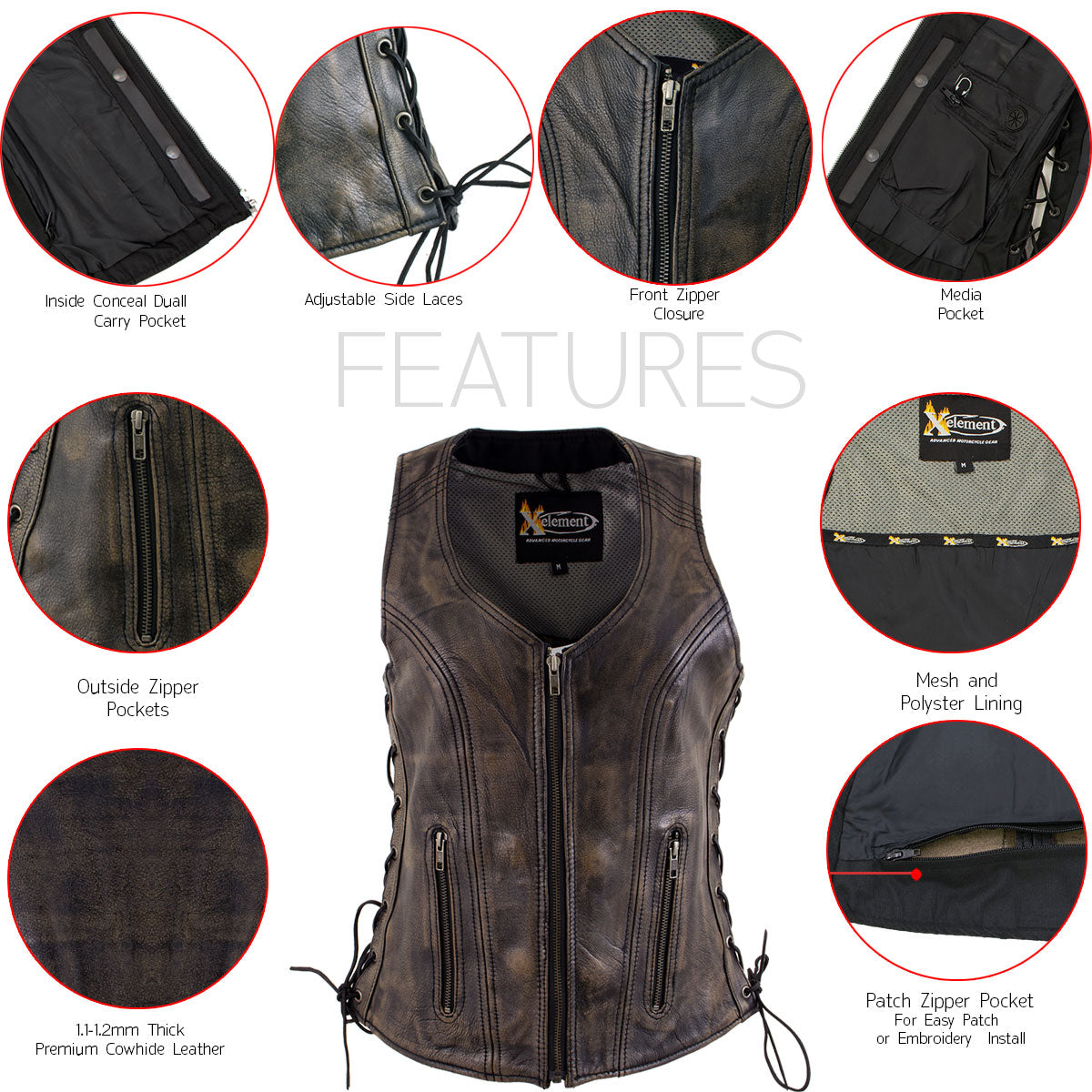 Xelement XS3900 Women's 'Bella' Distressed Brown Leather Motorcycle Biker Rider Vest with Side Laces