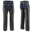 Men's XS405 Classic Black Thermal Lined Leather Motorcycle Chaps with Outside Flap Pocket