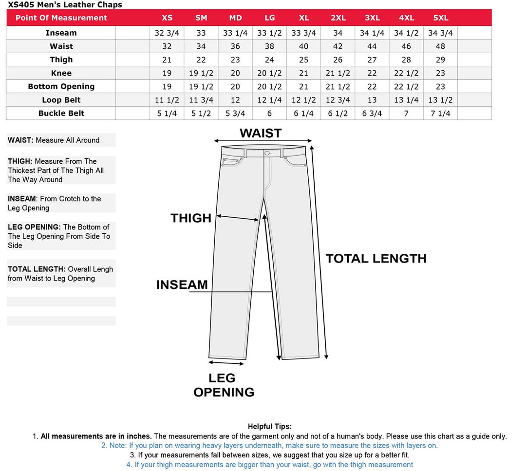 Chaps Sizes Men’s XS303 Black Jean Style Vented Leather Chaps with Reflective Mate ...