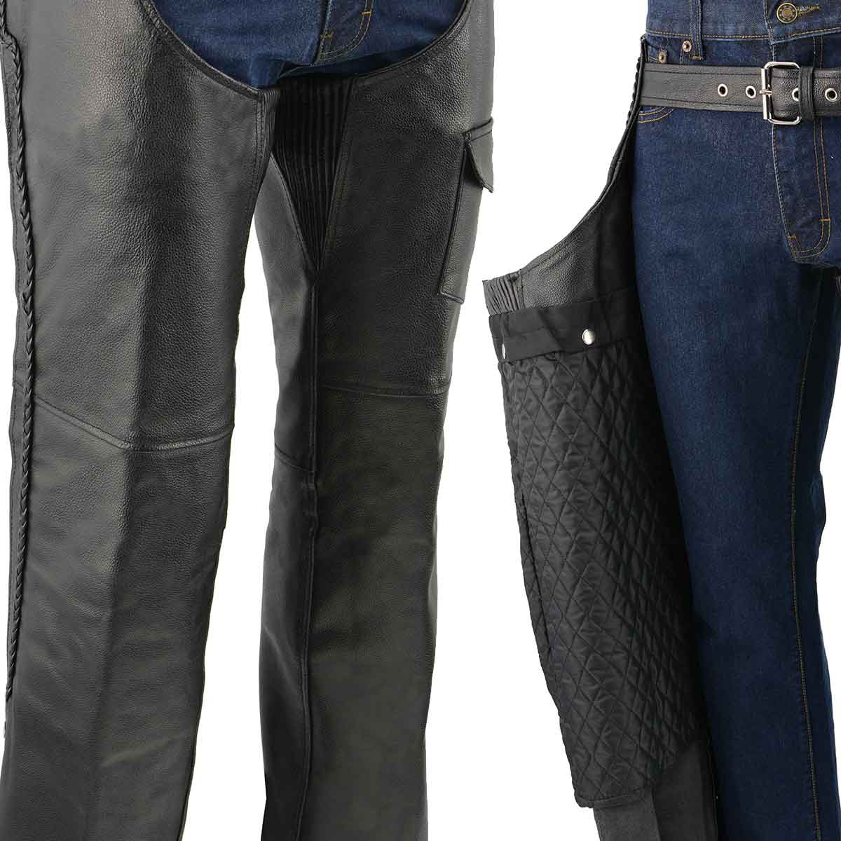 Men's XS406 Classic Black Braided Thermal Lined Leather Motorcycle Chaps with Outside Flap Pocket
