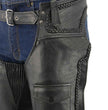 Men's XS406 Classic Black Braided Thermal Lined Leather Motorcycle Chaps with Outside Flap Pocket
