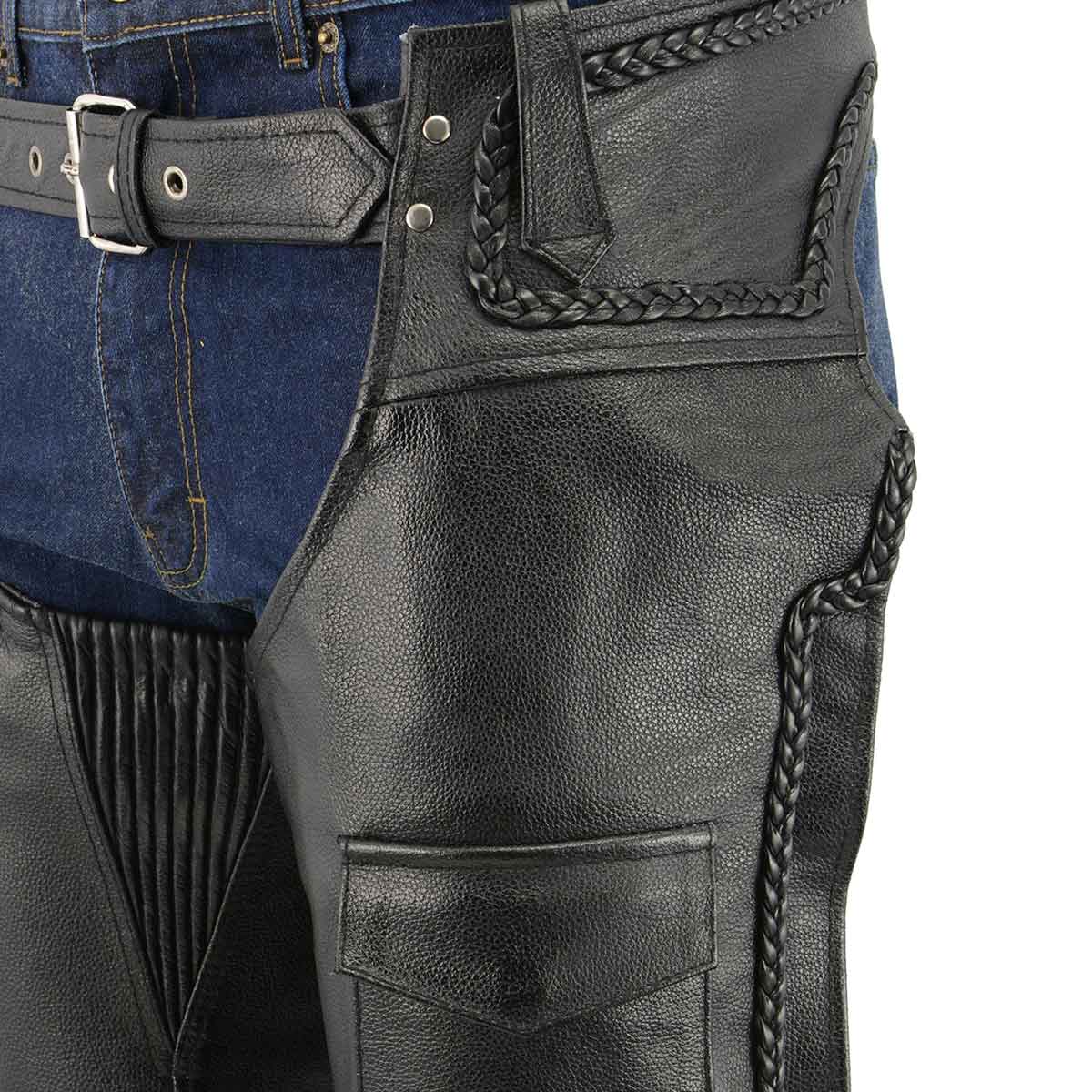 Men's XS406 Classic Black Braided Thermal Lined Leather Motorcycle Chaps with Outside Flap Pocket