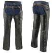 Men's XS406 Classic Black Braided Thermal Lined Leather Motorcycle Chaps with Outside Flap Pocket