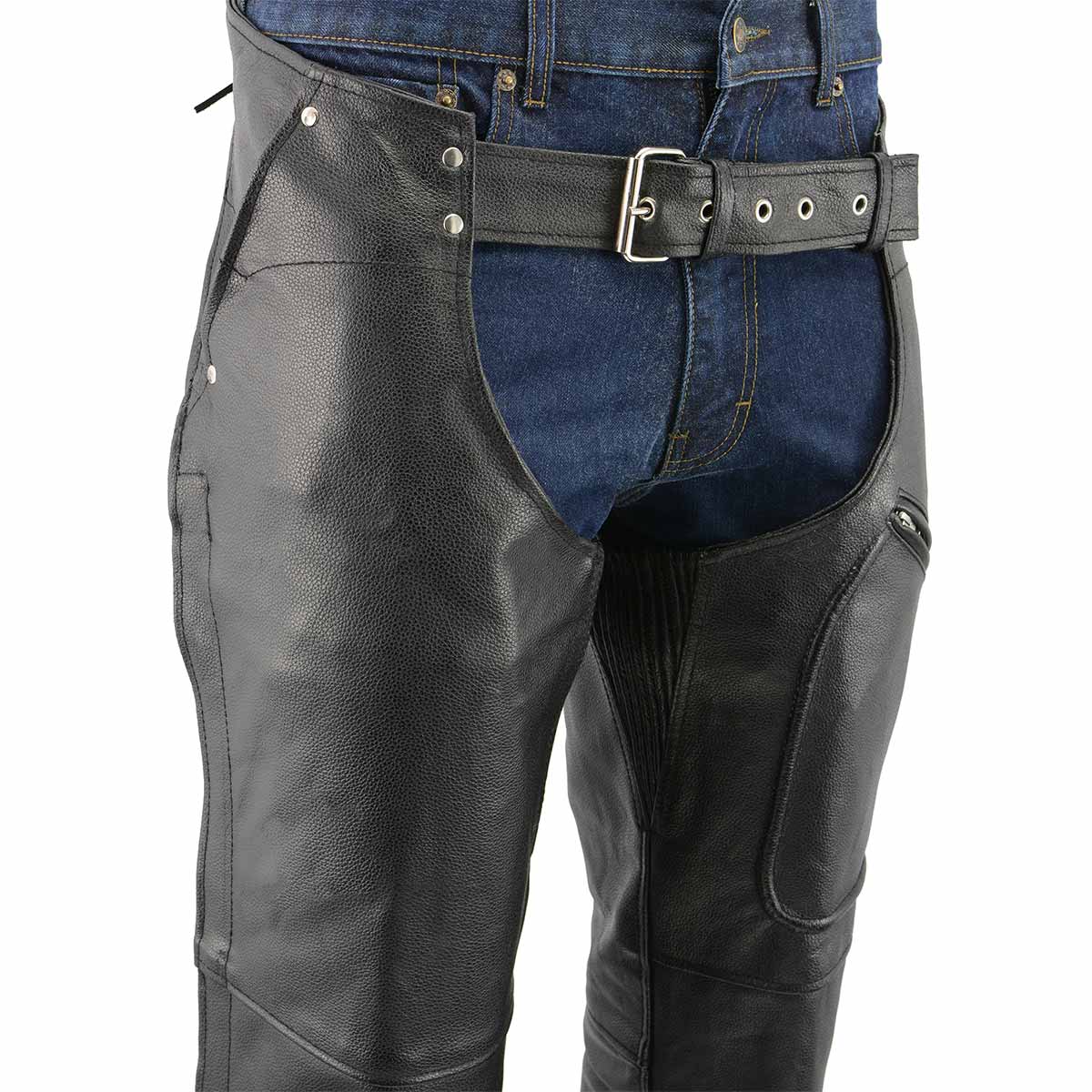 Men's XS43404 3-Pocket Black Thermal Lined Leather Motorcycle Chaps