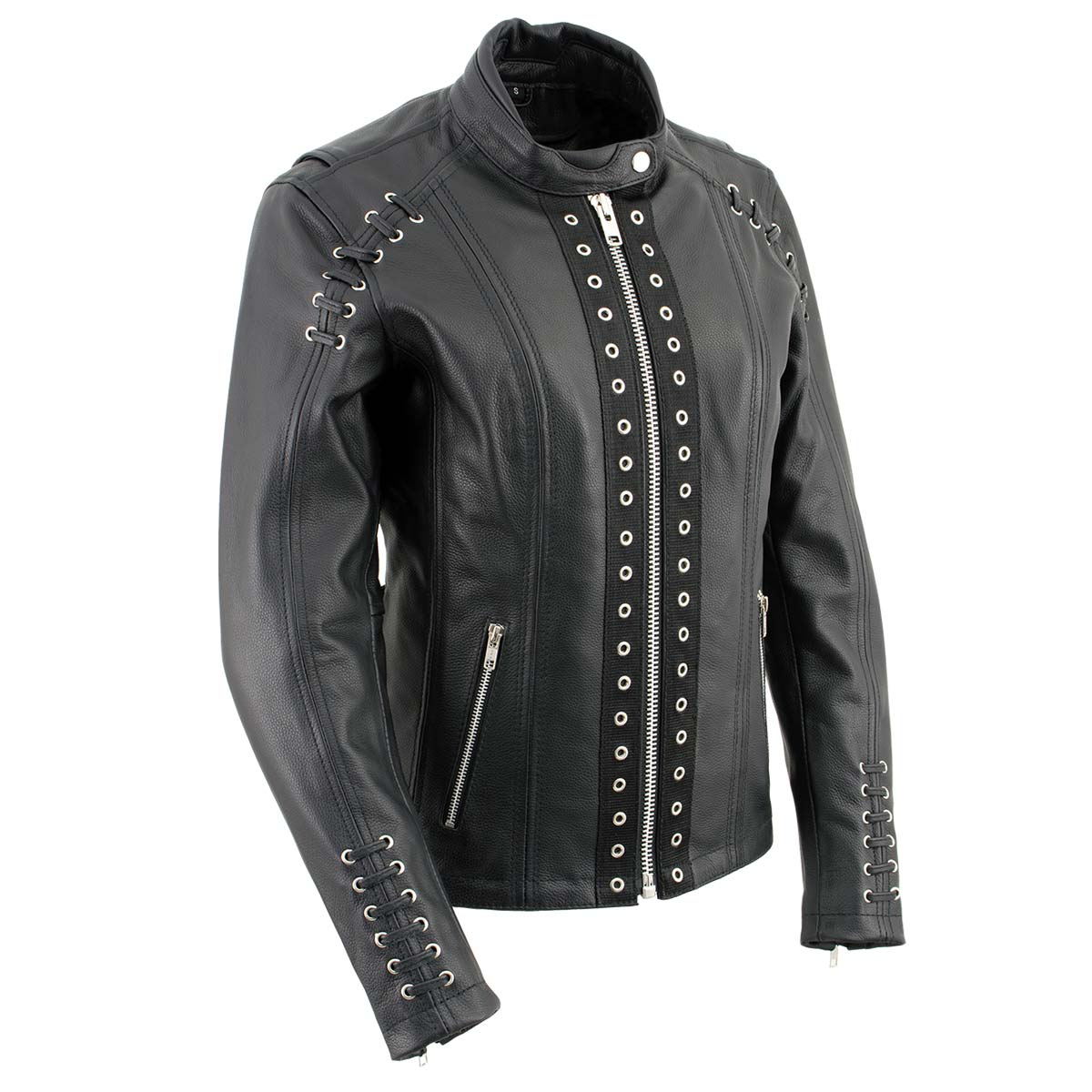 Xelement XS631 Women's 'Raven' Black Premium Cowhide Motorcycle Rider Leather Jacket with Zip-Out Liner