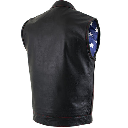 Xelement XS6665 Men's 'Old Glory' Black Leather Motorcycle Vest w/ Red Stitching and USA Inside Flag Lining