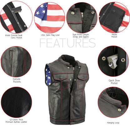 Xelement XS6665 Men's 'Old Glory' Black Leather Motorcycle Vest w/ Red Stitching and USA Inside Flag Lining