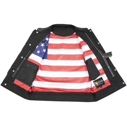 Xelement XS6665 Men's 'Old Glory' Black Leather Motorcycle Vest w/ Red Stitching and USA Inside Flag Lining