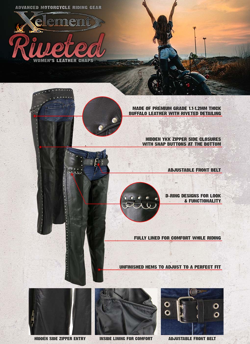 Xelement XS7590 Women's 'Riveted' Classic Black Leather Motorcycle Biker Rider Chaps