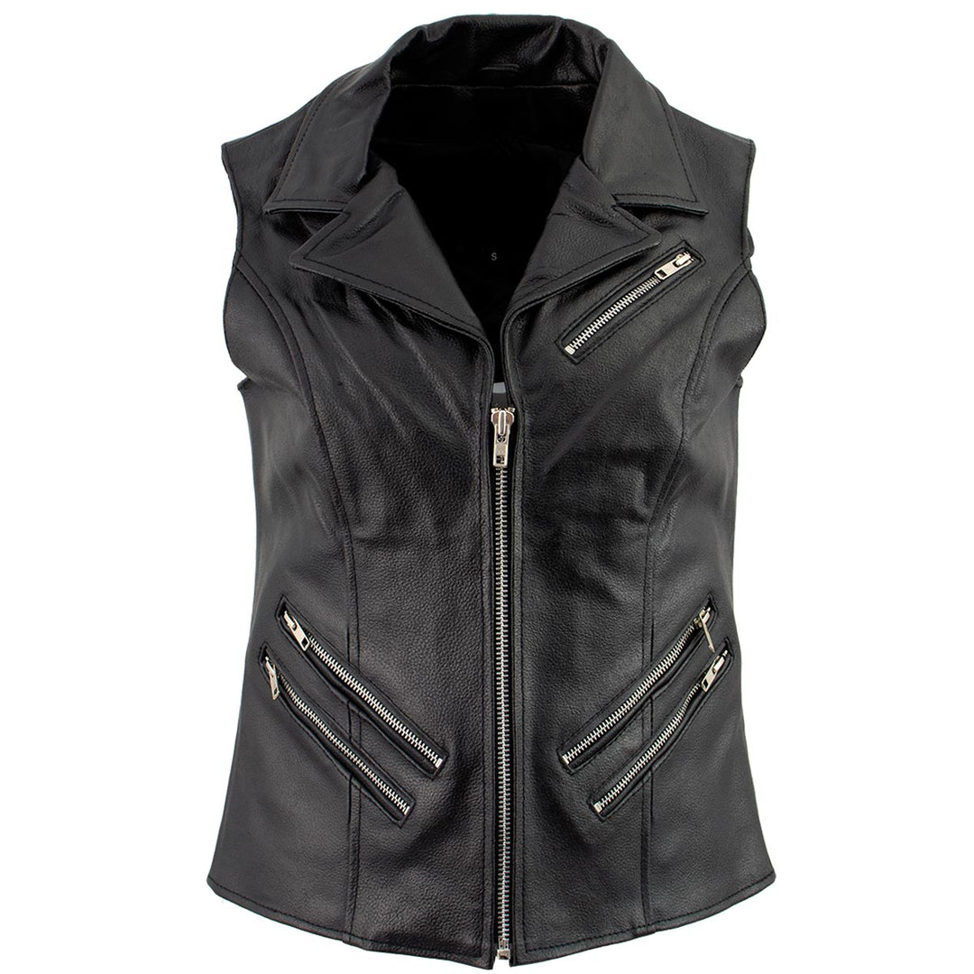 Ladies XS773 Black Zippered M/C Lapel Leather Vest