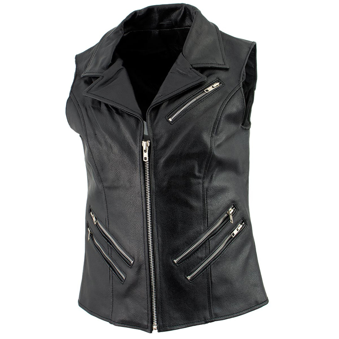 Ladies XS773 Black Zippered M/C Lapel Leather Vest