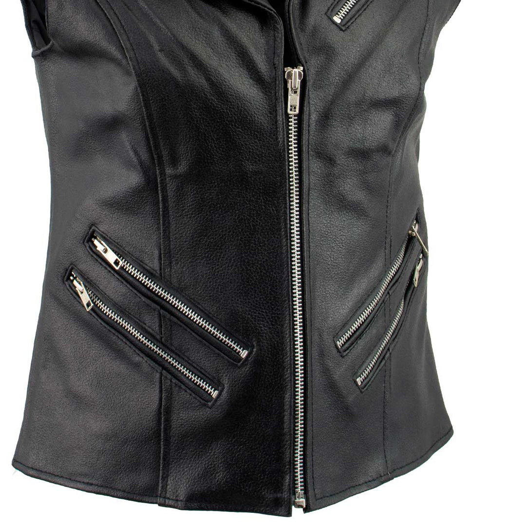 Ladies XS773 Black Zippered M/C Lapel Leather Vest