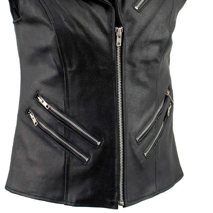 Ladies XS773 Black Zippered M/C Lapel Leather Vest