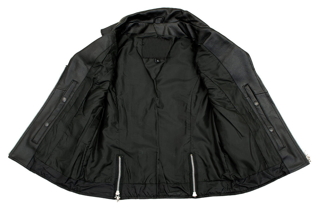 Ladies XS773 Black Zippered M/C Lapel Leather Vest