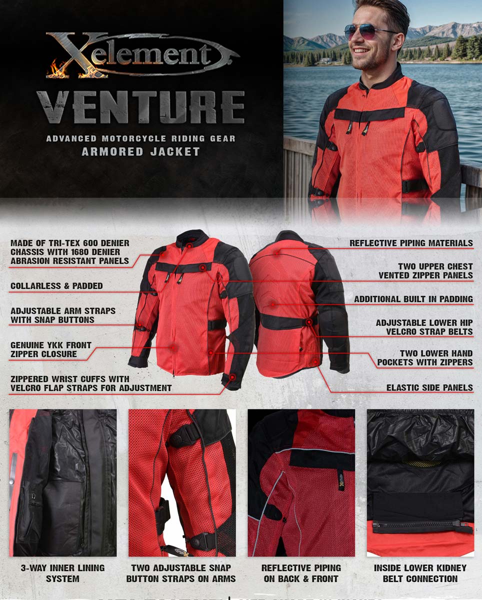 Xelement XS8161 Men's 'Venture' All Season Black with Red Tri-Tex and Mesh Motorcycle Rider Jacket with X-Armor