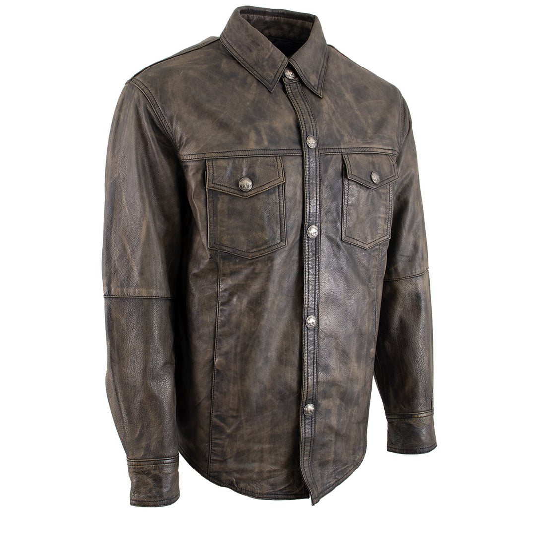 Milwaukee Leather MLM1613 Men's Distressed Brown Casual Biker Rider Leather Shirt w/ Vintage 5 Cent Buffalo Buttons